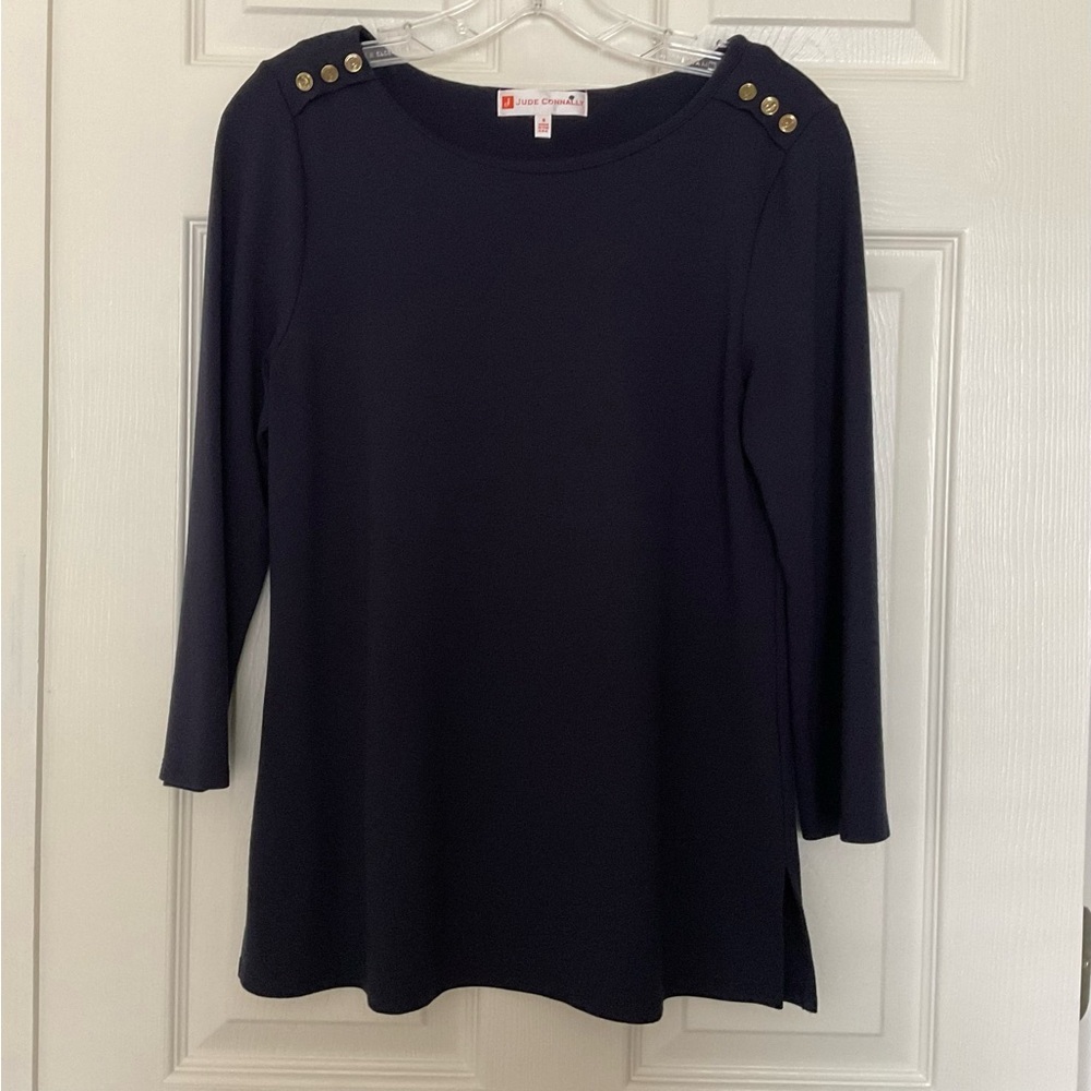 Jude Connally Top Navy Blue Shoulder Button Accent Small